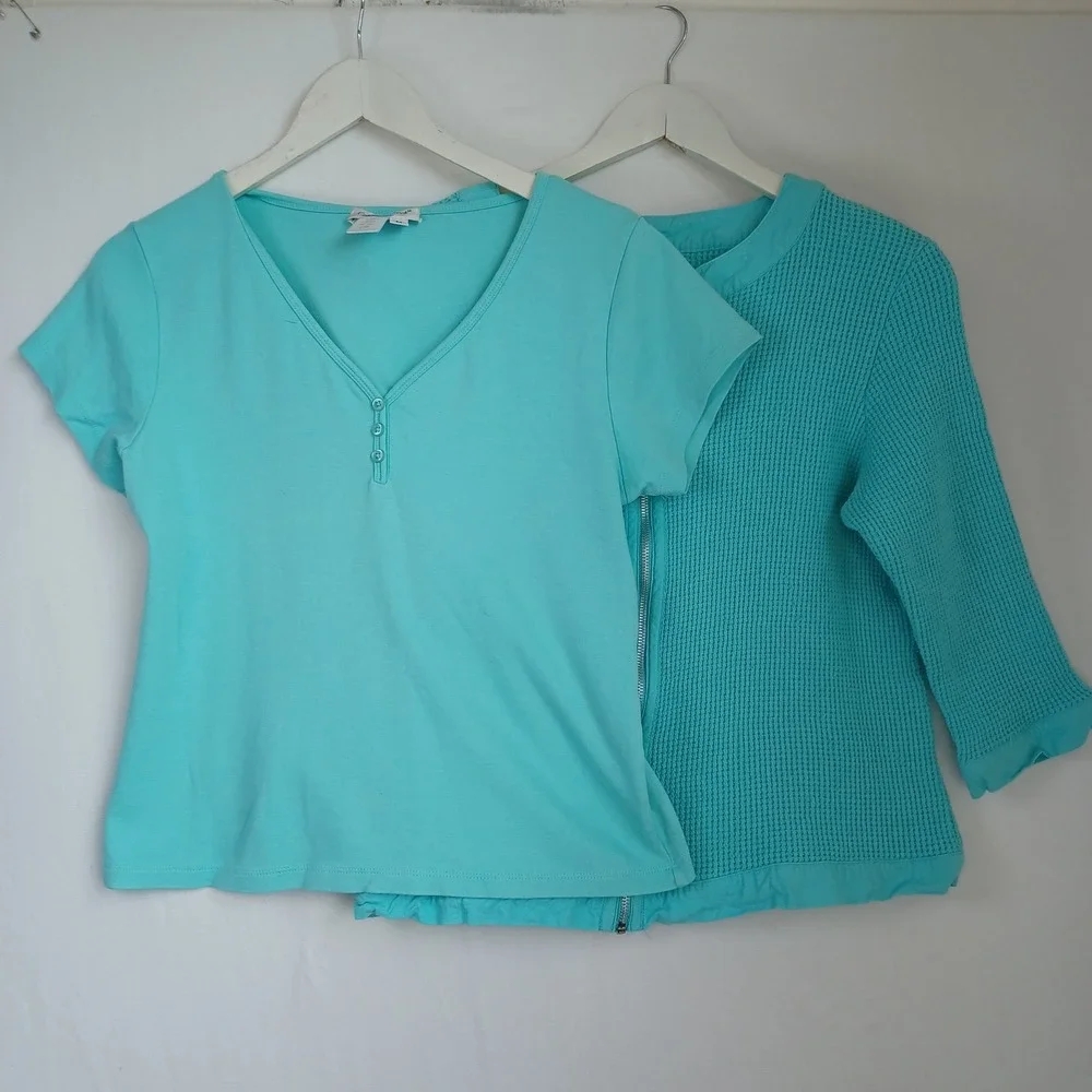Coldwater Creek Womens Turquoise Cotton Waffle Knit‎ Zip Cardigan & Tee Set L M
